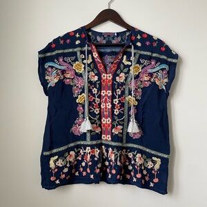 Johnny Was Navy Embroidered Floral Boho Top with Tassels